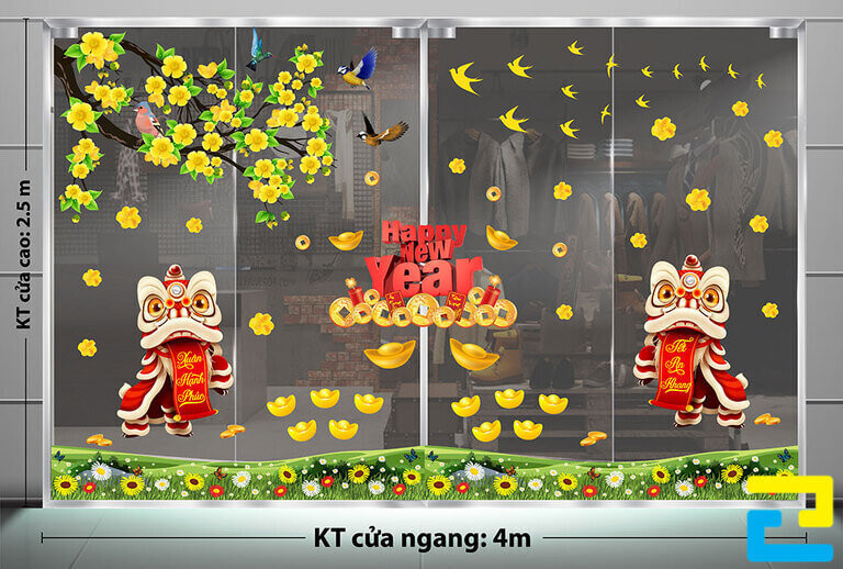 Mẫu hoạt động múa lân chúc mừng năm mới, hoa mai, cánh én, thỏi vàng