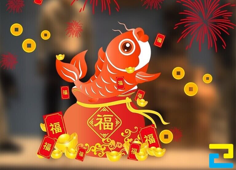 Mẫu Decal trang trí tết cá chép và túi vàng hàm ý mong giàu sang, phát tài