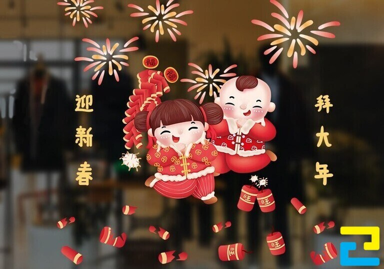 Mẫu Decal trang trí tết đôi tiên đồng chúc tết dễ thương