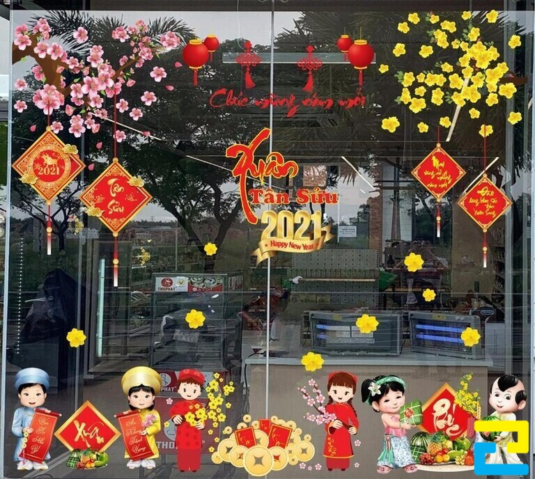 Mẫu Decal chúc mừng năm mới 2021 và trẻ em đi chúc tết