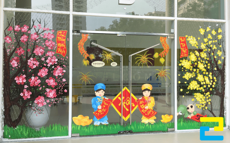 Mẫu Decal đôi tiên đồng cầm câu chúc tết, bên cạnh hoa mai, hoa đào 