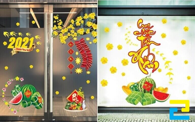 Mẫu bánh chưng bánh tết, mâm ngũ quả cùng hoa mai, chim yến tràn ngập sắc xuân