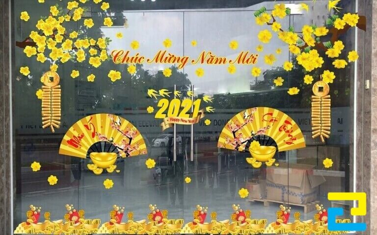 Mẫu Decal quạt giấy và thỏi vàng mang ý nghĩa như ý nguyện, phát lộc tài