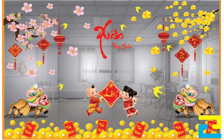 Mẫu đôi tiên đồng cầm chữ lộc, hoạt động múa lân, hoa mai và hoa đào hàm ý năm mới sung túc, phát tài