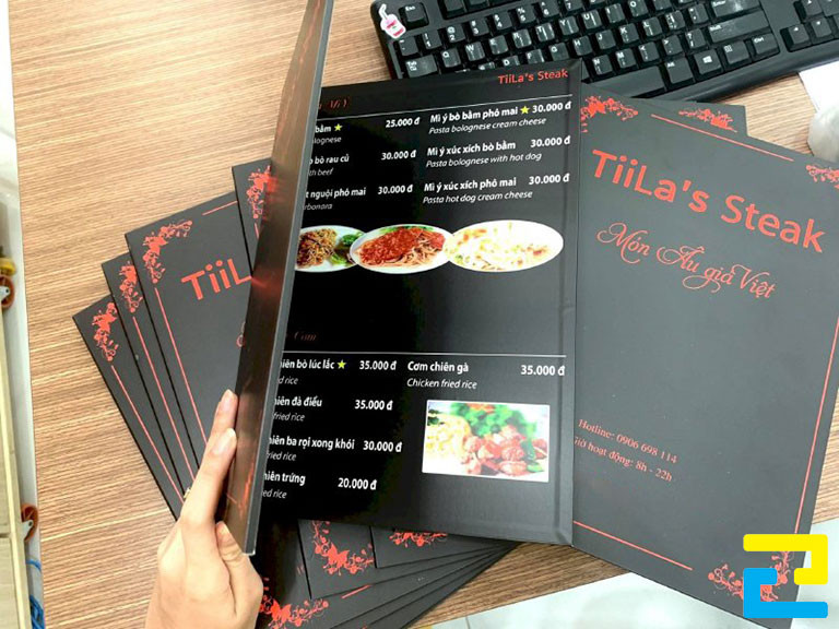 In menu nhà hàng TiiLa's Steak trên chất liệu PP cán Format
