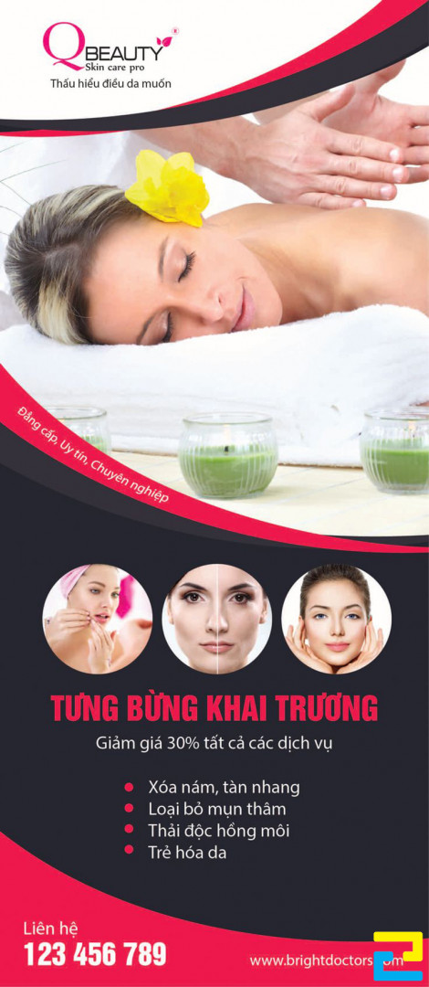 Những hình ảnh nên có mặt trên bandroll khai trương spa là: Hình ảnh logo của spa, hình ảnh những dịch vụ mà tiệm spa kinh doanh,...
