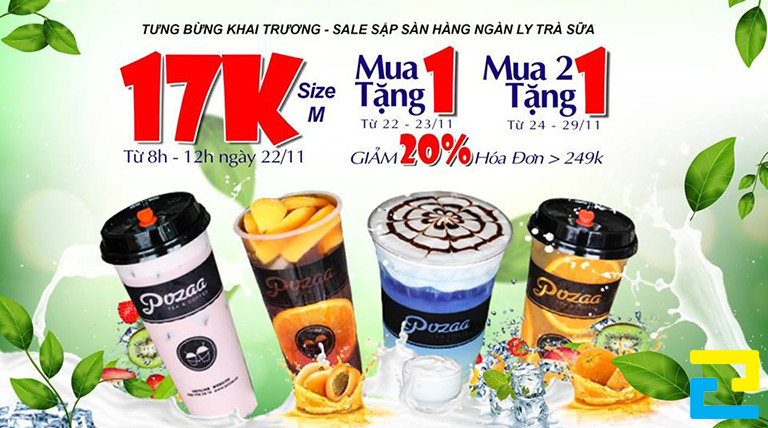 Mẫu 8: Băng rôn được thiết kế với tông màu trắng - xanh lá cây, có hình ảnh ly trà sữa đẹp mắt, giá ly trà sữa được tô màu đỏ nổi bật