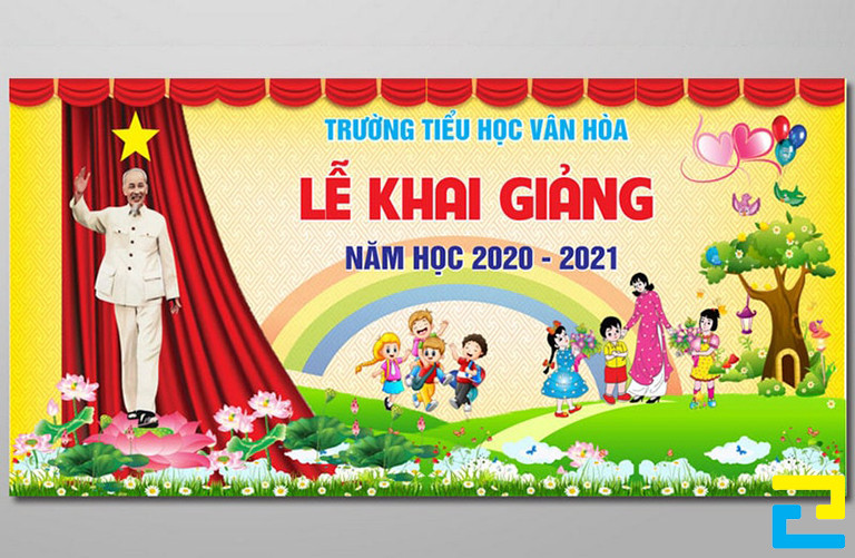 Quý khách có thể lựa chọn thêm những hình ảnh trang trí cho backdrop khai giảng thêm phần sinh động như: Lá sen, hình ảnh sách vở,...