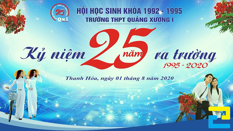 Mẫu 11: Băng rôn họp mặt lớp được thiết kế với hình ảnh học sinh, hoa phượng đẹp mắt, có tông màu xanh dương đậm - xanh dương nhạt