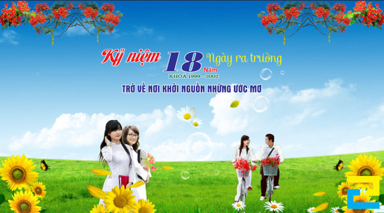 Mẫu 14: Bản in bandroll họp mặt lớp được thiết kế với hình ảnh học sinh, hình ảnh hoa hướng dương, hoa phượng đẹp mắt