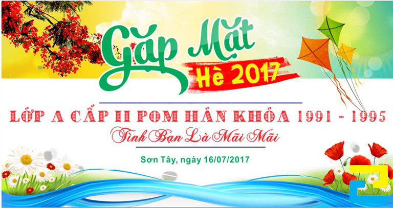 Mẫu 15: Băng rôn họp mặt lớp được thiết kế với tông màu trắng - xanh dương - vàng, thông điệp họp mặt được thiết kế với kiểu chữ nghệ thuật