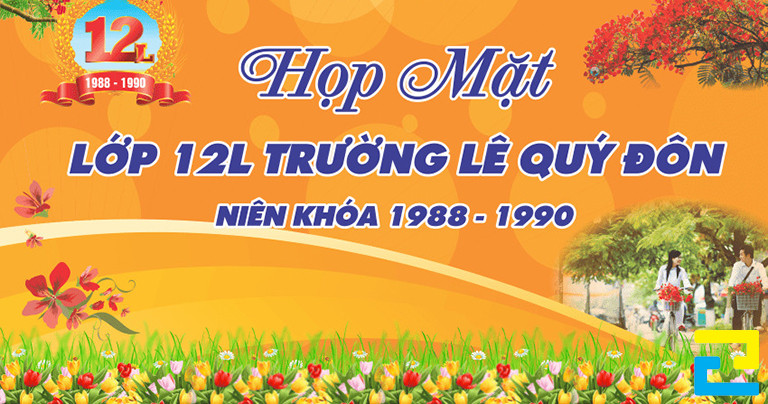 Mẫu 16: Mẫu băng rôn kỷ niệm họp lớp được thiết kế với tông màu cam chủ đạo, có hình ảnh minh họa đẹp mắt, kiểu chữ đơn giản - nghệ thuật