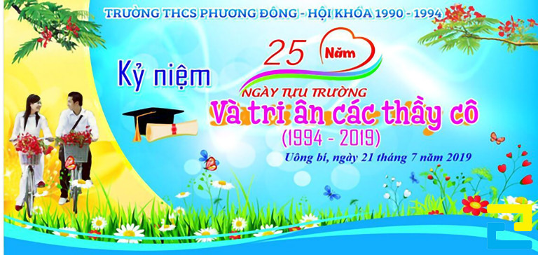Mẫu 3: Bandroll họp mặt lớp được thiết kế với tông màu vàng - xanh dương, có kiểu chữ đơn giản - nghệ thuật, hình ảnh đẹp mắt