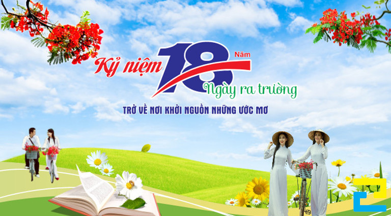 Mẫu 7: Mẫu băng rôn kỷ niệm họp lớp được thiết kế với hình ảnh học sinh, hình ảnh hoa phượng,... đẹp mắt, có tông màu xanh dương - xanh lá