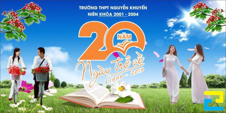 Mẫu 9: Sản phẩm in bandroll họp lớp được thiết kế với tông màu xanh lá - xanh dương, có kiểu chữ đơn giản - nghệ thuật, hình ảnh minh họa đẹp