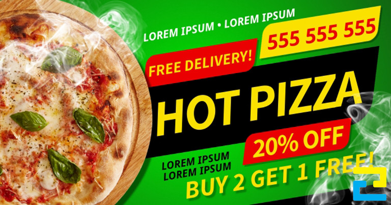 Mẫu 13: Banner thức ăn được thiết kế với tông màu xanh lá cây chủ đạo, hình ảnh pizza được thiết kế bắt mắt, có kiểu chữ đơn giản