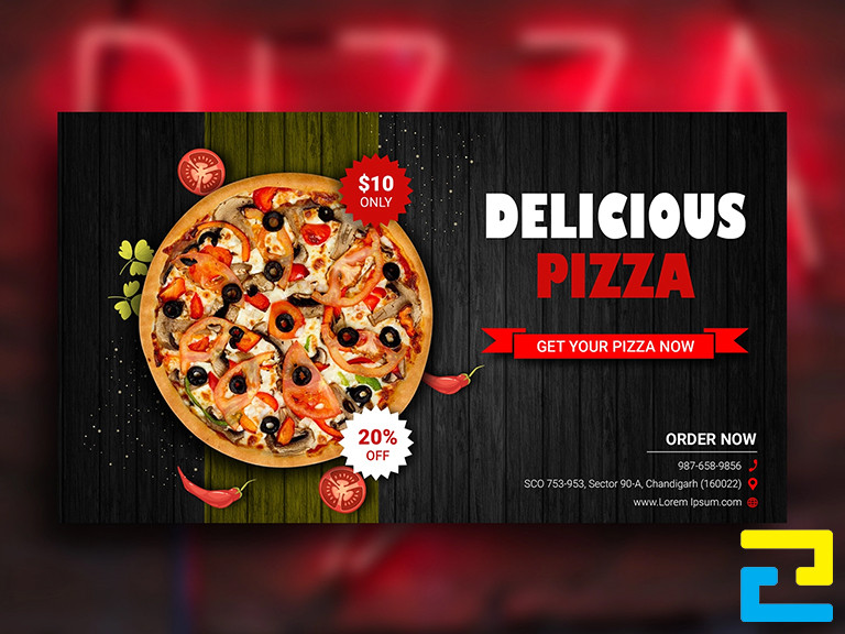 Mẫu 15: Bản in banner quảng cáo đồ ăn được thiết kế với tông màu đen sang trọng, có hình ảnh minh họa cho đồ ăn, kiểu chữ đơn giản