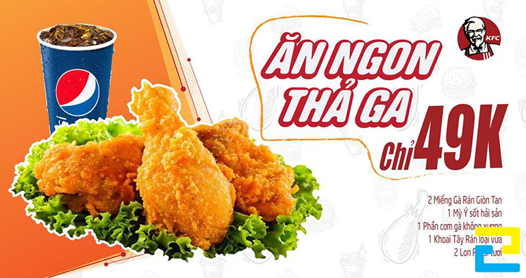 Mẫu 2: Banner đồ ăn được thiết kế với tông màu trắng - cam, có kiểu chữ đơn giản, hình ảnh món ăn đẹp mắt