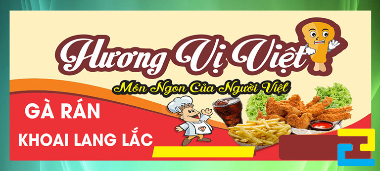 Mẫu 4: Banner ăn vặt được thiết kế với kiểu chữ nghệ thuật, có tông màu đỏ - cam - vàng nhạt, có hình ảnh món ăn đẹp mắt