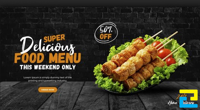 Mẫu 6: Banner thức ăn được thiết kế với tông màu đen huyền bí, kết hợp với kiểu chữ đơn giản - nghệ thuật, có hình ảnh món ăn đẹp mắt