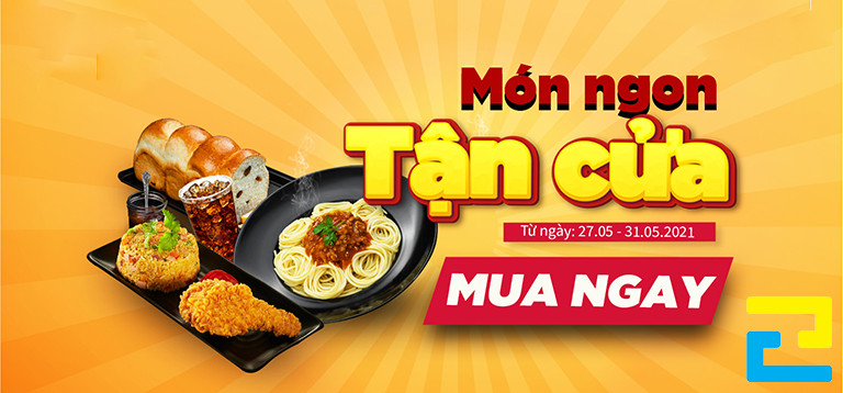 Mẫu 7: Banner quảng cáo thức ăn được thiết kế với kiểu chữ đơn giản, có hình ảnh minh họa cho món ăn, tông màu cam nổi bật