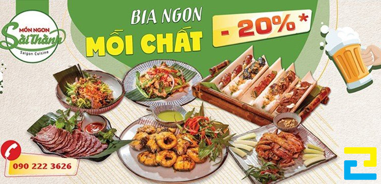 Mẫu 9: Banner đồ ăn được thiết kế với tông màu xanh lá cây - trắng, có hình ảnh món ăn bắt mắt, kiểu chữ đơn giản