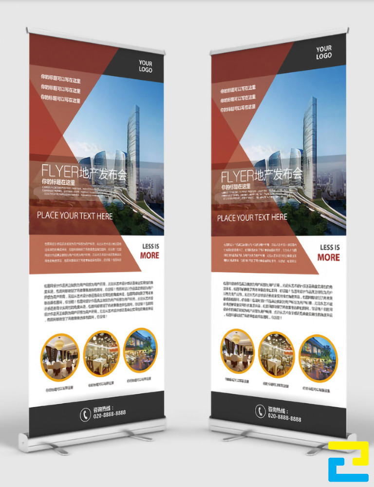 Mẫu 1: Bản in standee bất động sản được thiết kế với tông màu nâu - đỏ trắng, có hình ảnh tòa nhà, kết hợp với kiểu chữ đơn giản