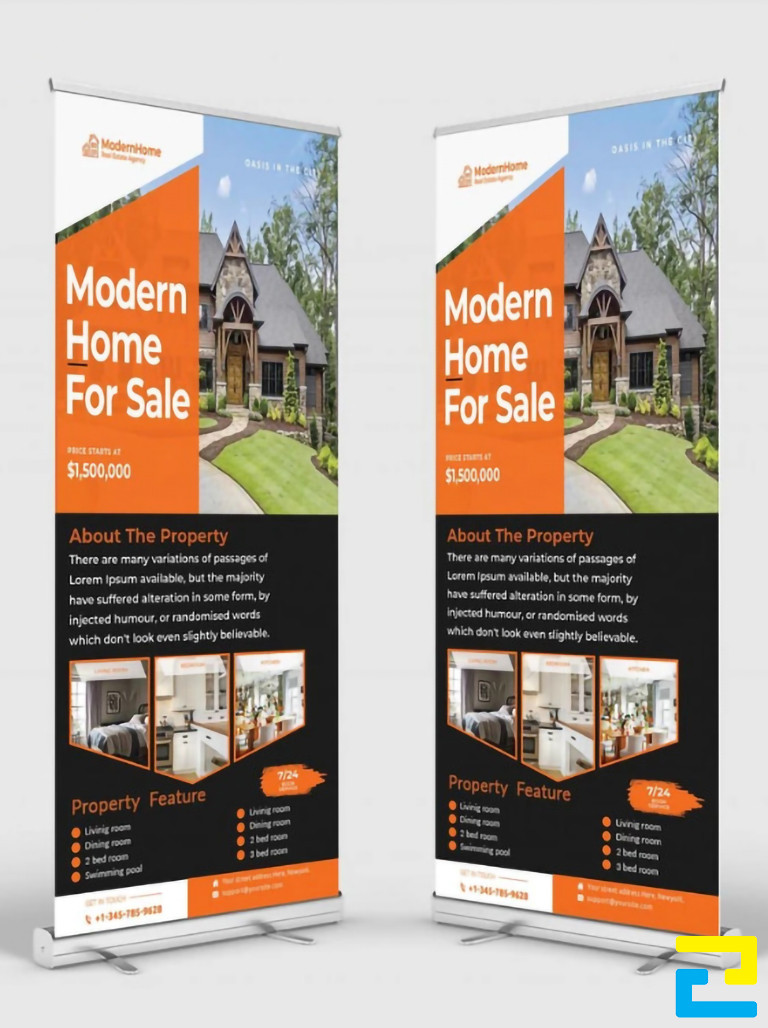 Mẫu 10: Standy cho dự án bất động sản được thiết kế với hình ảnh dự án, có kiểu chữ đơn giản, tông màu trắng - cam - đen