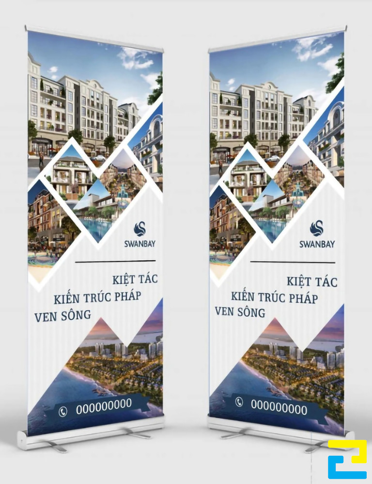 Mẫu 11: Standee được thiết kế với tông màu xám nhạt, hình ảnh minh họa cho dự án được sắp xếp với bố cục độc đáo