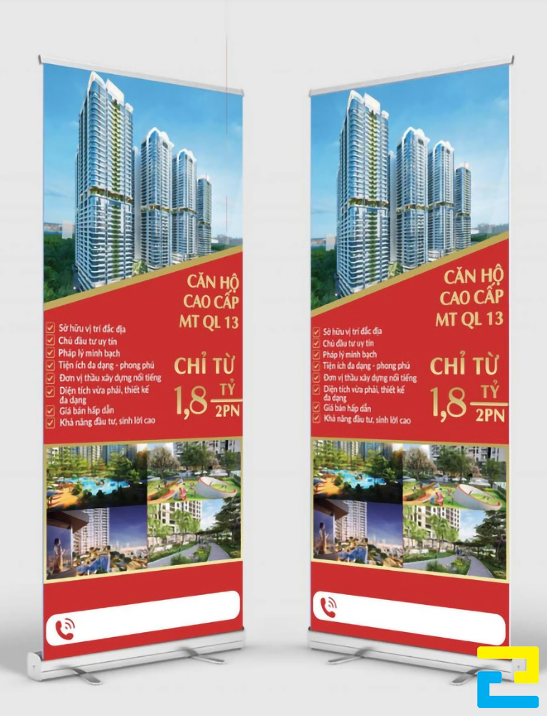 Mẫu 12: Bản in standee bất động sản được thiết kế với tông màu đỏ nổi bật, có mô tả chi tiết cho dự án, kết hợp với kiểu chữ đơn giản