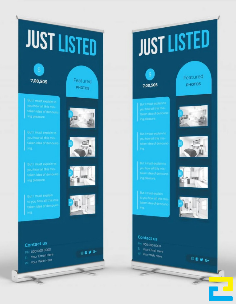 Mẫu 13: Standy bất động sản được thiết kế với tông màu xanh dương đậm - xanh dương nhạt đẹp mắt, có hình ảnh minh họa dự án