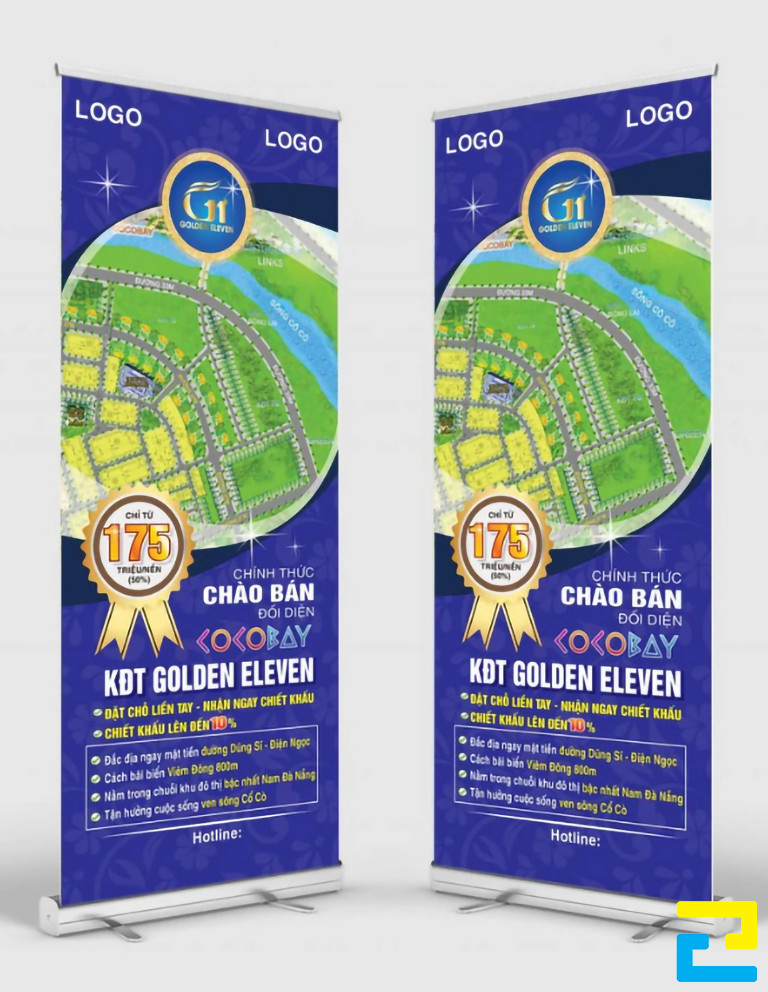 Mẫu 14: Standy cho bất động sản được thiết kế với hình ảnh dự án nhìn từ trên cao, có tông màu tím đẹp sang trọng