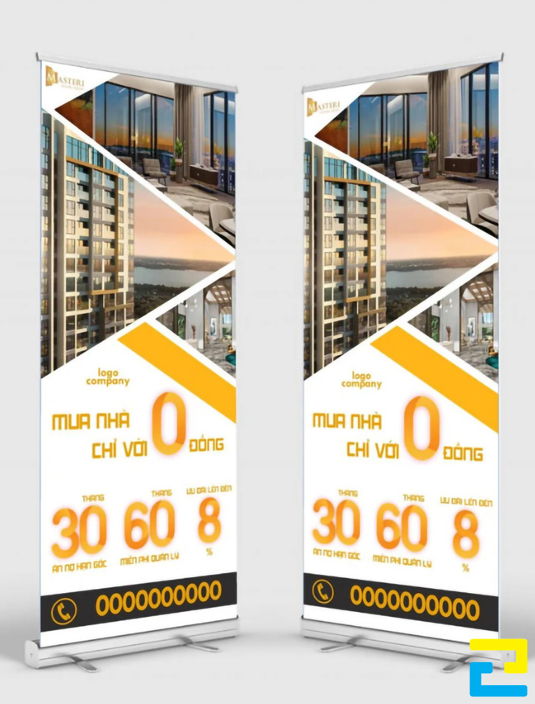 Mẫu 15: Standee được thiết kế với tông màu trắng - vàng - đen, có hình ảnh minh họa cho dự án, kết hợp với kiểu chữ đơn giản