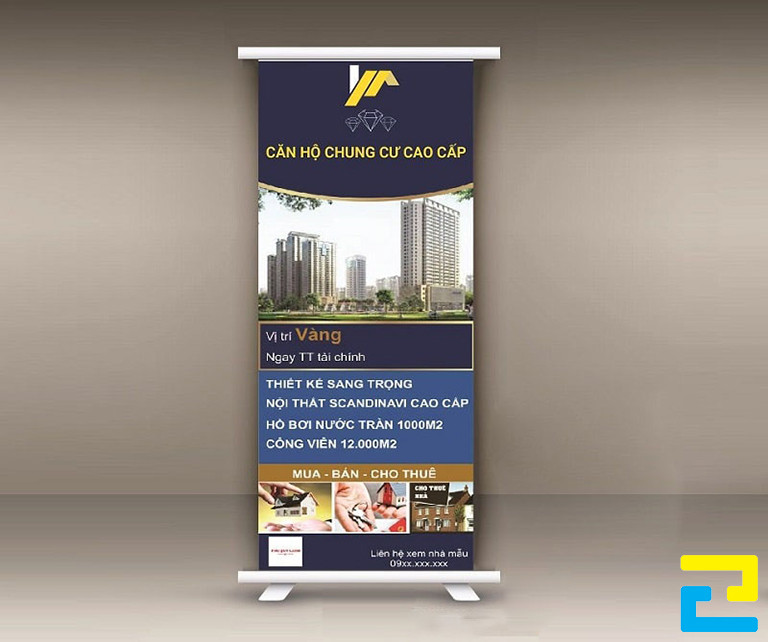 Mẫu 18: Standy cho bất động sản được ghi rõ thông tin về dự án, có tông màu xanh dương đậm - xanh dương nhạt đẹp mắt
