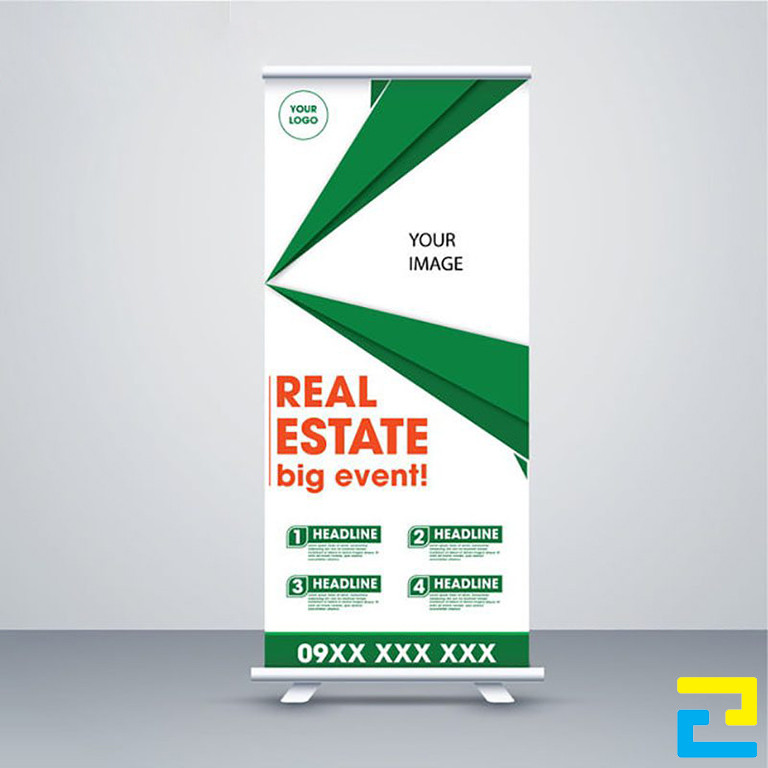 Mẫu 20: Bản in standee bất động sản được thiết kế với tông màu xanh lá cây - trắng, thông tin dự án được mô tả chi tiết