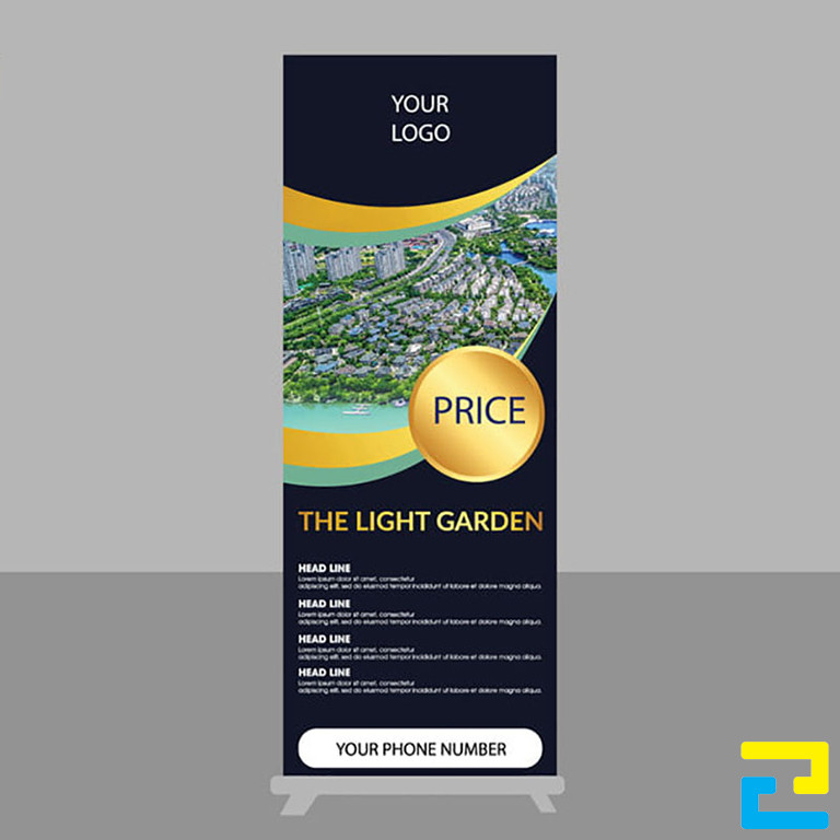 Mẫu 21: Standy bất động sản được thiết kế với tông màu đen chủ đạo, có hình ảnh dự án nhìn từ trên cao, kết hợp với kiểu chữ đơn giản