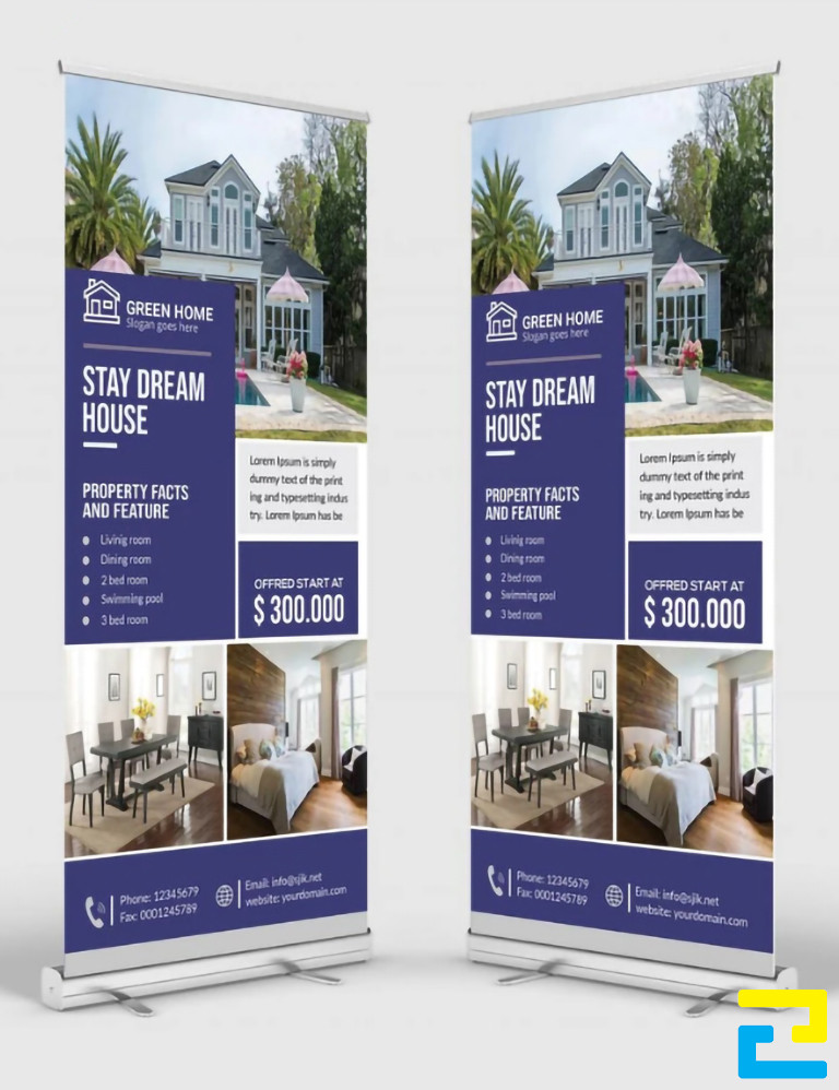 Mẫu 24: Bản in standee bất động sản được thiết kế với tông màu tím - trắng đẹp mắt, thông tin của dự án được mô tả đầy đủ