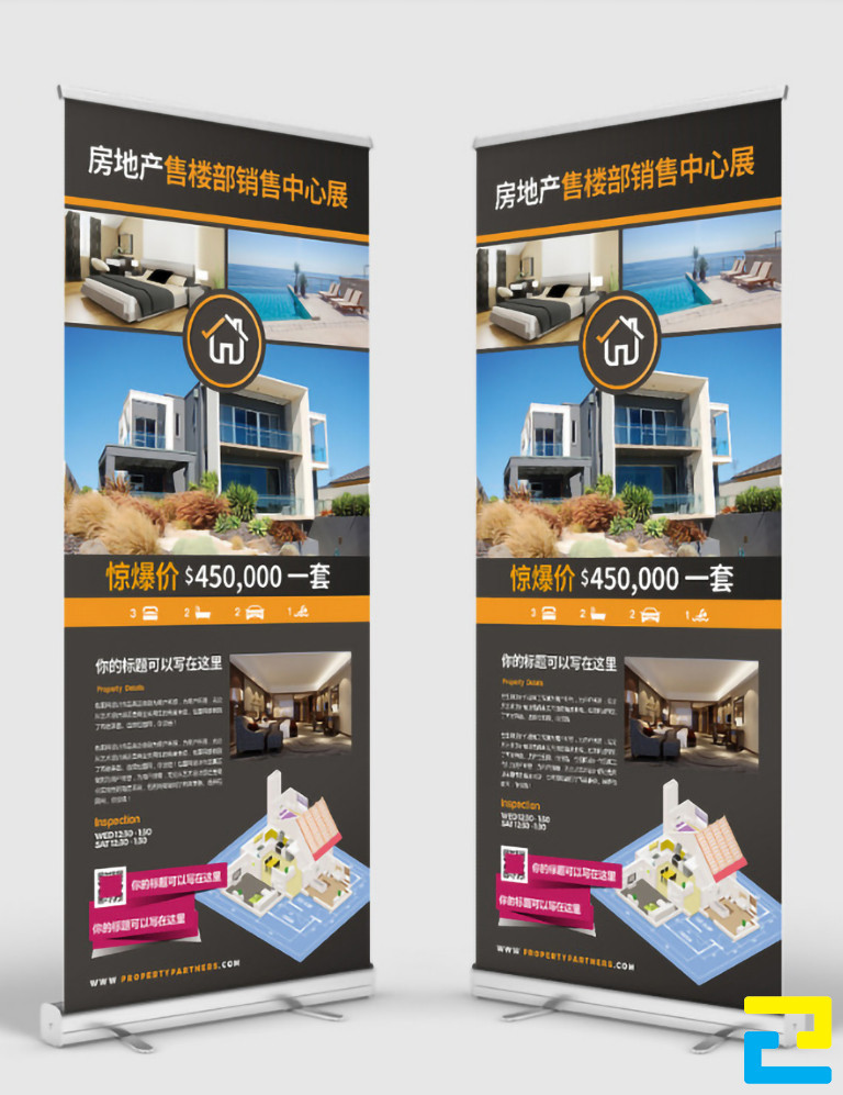 Mẫu 25: Standy được thiết kế với hình ảnh minh họa cho dự án, thông tin của dự án được mô tả chi tiết, có tông màu đen nhạt