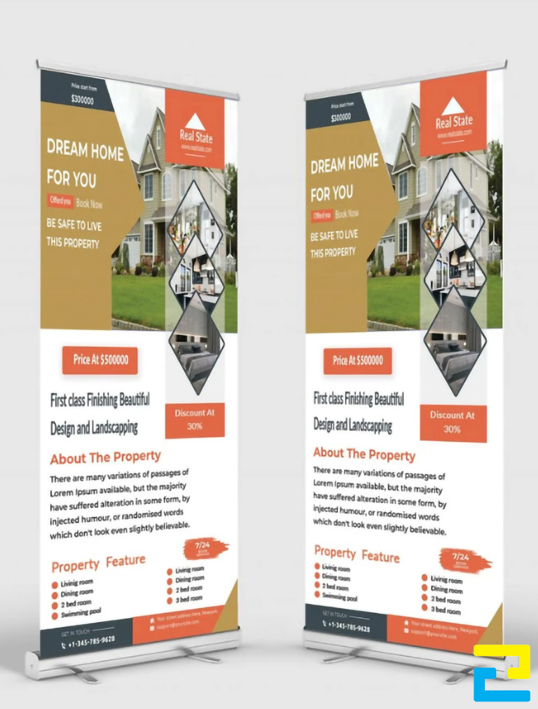 Mẫu 26: Bản in standee bất động sản được thiết kế với thông tin dự án chi tiết, có tông màu trắng - nâu nhạt, kiểu chữ đơn giản