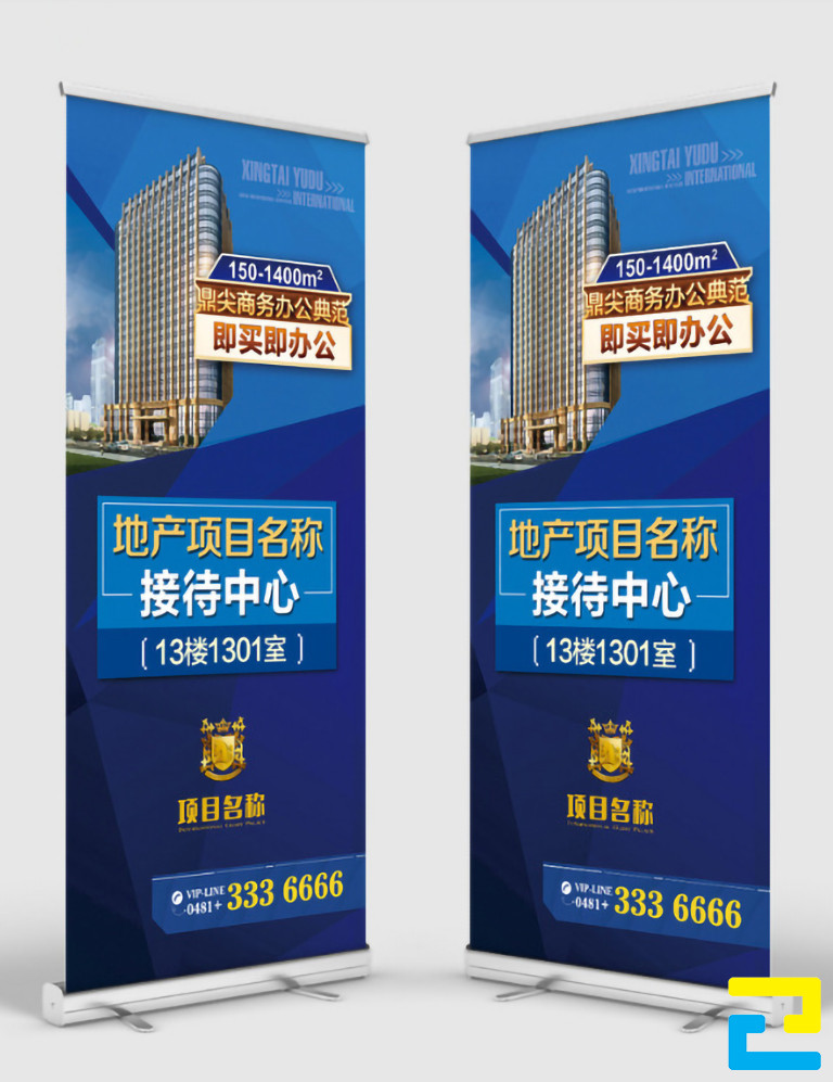 Mẫu 3: Standee được thiết kế với tông màu xanh dương đậm - xanh dương nhạt, kiểu chữ đơn giản, có hình ảnh tòa nhà