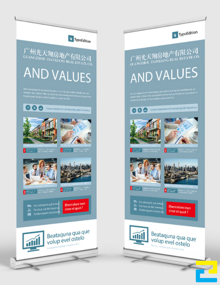 Mẫu 5: Standy bất động sản được thiết kế với tông màu xanh nhạt, có hình ảnh minh họa cho dự án, kết hợp với kiểu chữ đơn giản