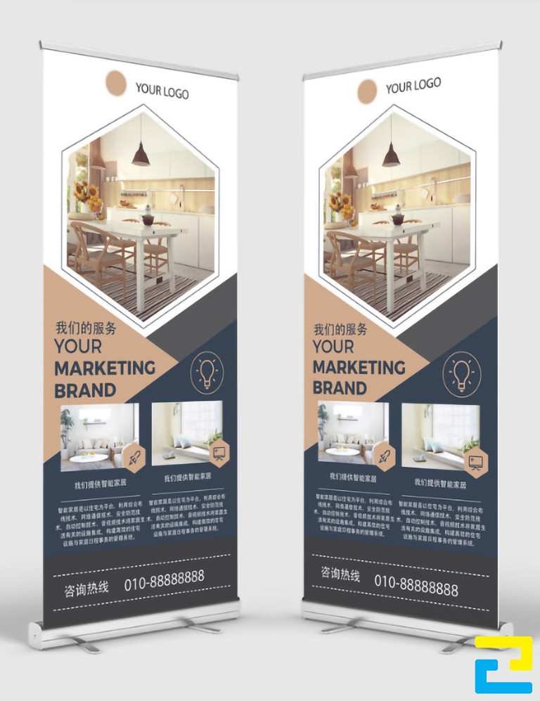 Mẫu 7: Standee được thiết kế với hình ảnh minh họa cho dự án bất động sản, có tông màu trắng - nâu - xanh, kiểu chữ đơn giản