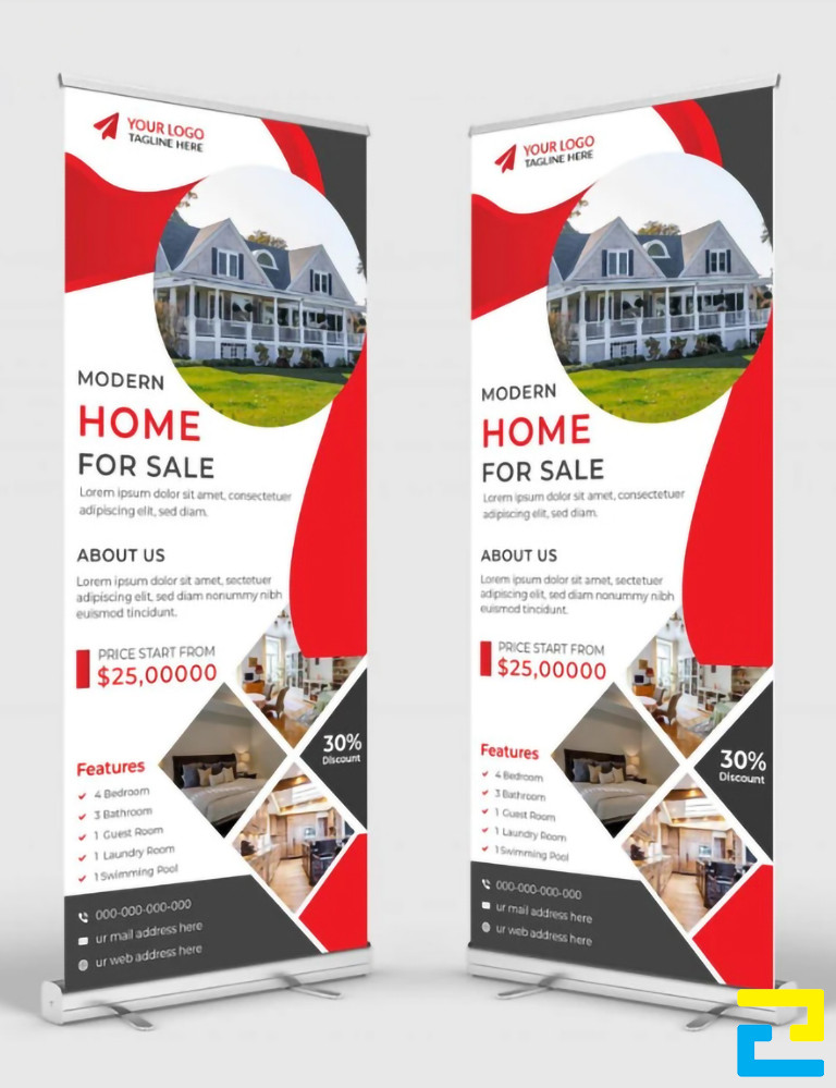 Mẫu 8: Bản in standee bất động sản được thiết kế với tông màu trắng - đỏ - đen, thông tin của dự án được thể hiện chi tiết