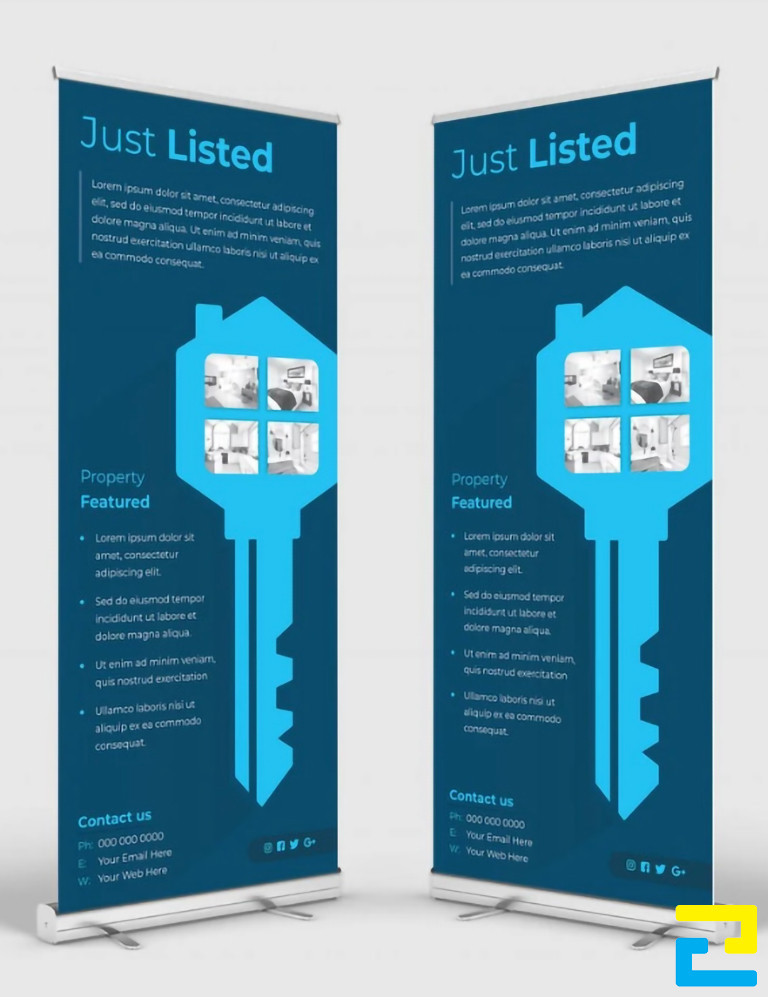 Mẫu 9: Standy cho bất động sản có hình ảnh dự án được thiết kế dưới hình dạng chìa khóa độc đáo, với tông màu xanh dương chủ đạo