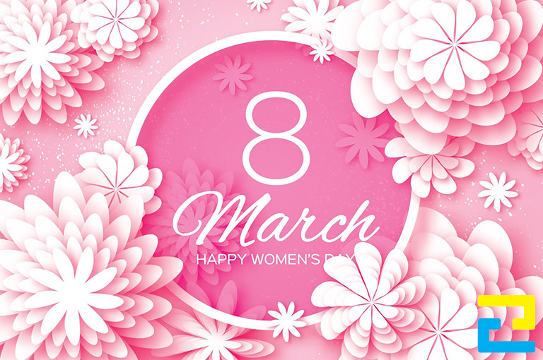 Mẫu 7: Mẫu 8/3 backdrop được thiết kế tối giản, có hình ảnh những bông hoa đẹp mắt, có tông màu trắng - hồng chủ đạo