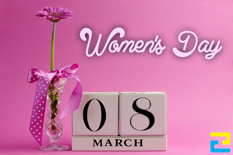 Mẫu 8: Mẫu backdrop 8/3 được thiết kế với kiểu chữ đơn giản - nghệ thuật, có tông màu hồng - tím, kết hợp với hình ảnh bông hoa đẹp mắt