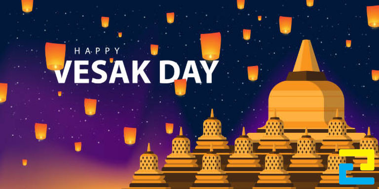 Mẫu 10: Băng rôn có tông màu xanh - tím đẹp mắt, hình ảnh lồng đèn, ngôi chùa được thiết kế với bố cục hợp lý, băng rôn có kiểu chữ đơn giản