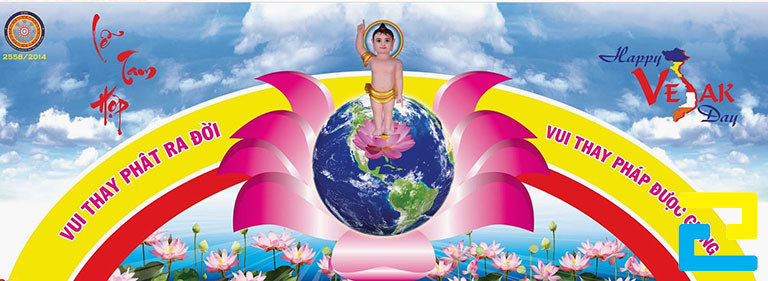 Mẫu 2: Băng rôn có nền bầu trời đẹp mắt, có hình ảnh minh họa như: Đức Phật, hoa sen,... được thiết kế với bố cục hợp lý, bandroll có kiểu chữ đơn giản - nghệ thuật