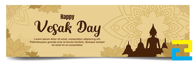 Mẫu 21: Băng rôn có tông màu nâu chủ đạo, có hình ảnh hoa sen, hình ảnh lá trang trí đẹp mắt, hfinh ảnh Đức Phật, hình ảnh chùa được thiết kế với bố cục hợp lý