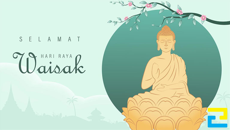 Mẫu 5: Băng rôn có tông màu xanh chủ đạo, hình ảnh cành hoa, hình ảnh Đức Phật được thiết kế với bố cục hợp lý, bandroll có kiểu chữ đơn giản - nghệ thuật